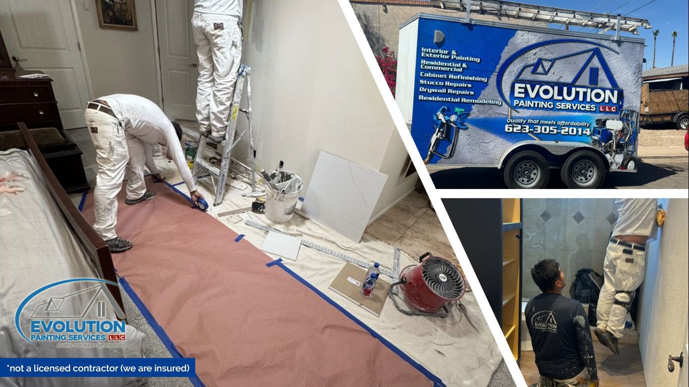 Workers painting a room while a blue Evolution car wraps van is shown in inset photos
