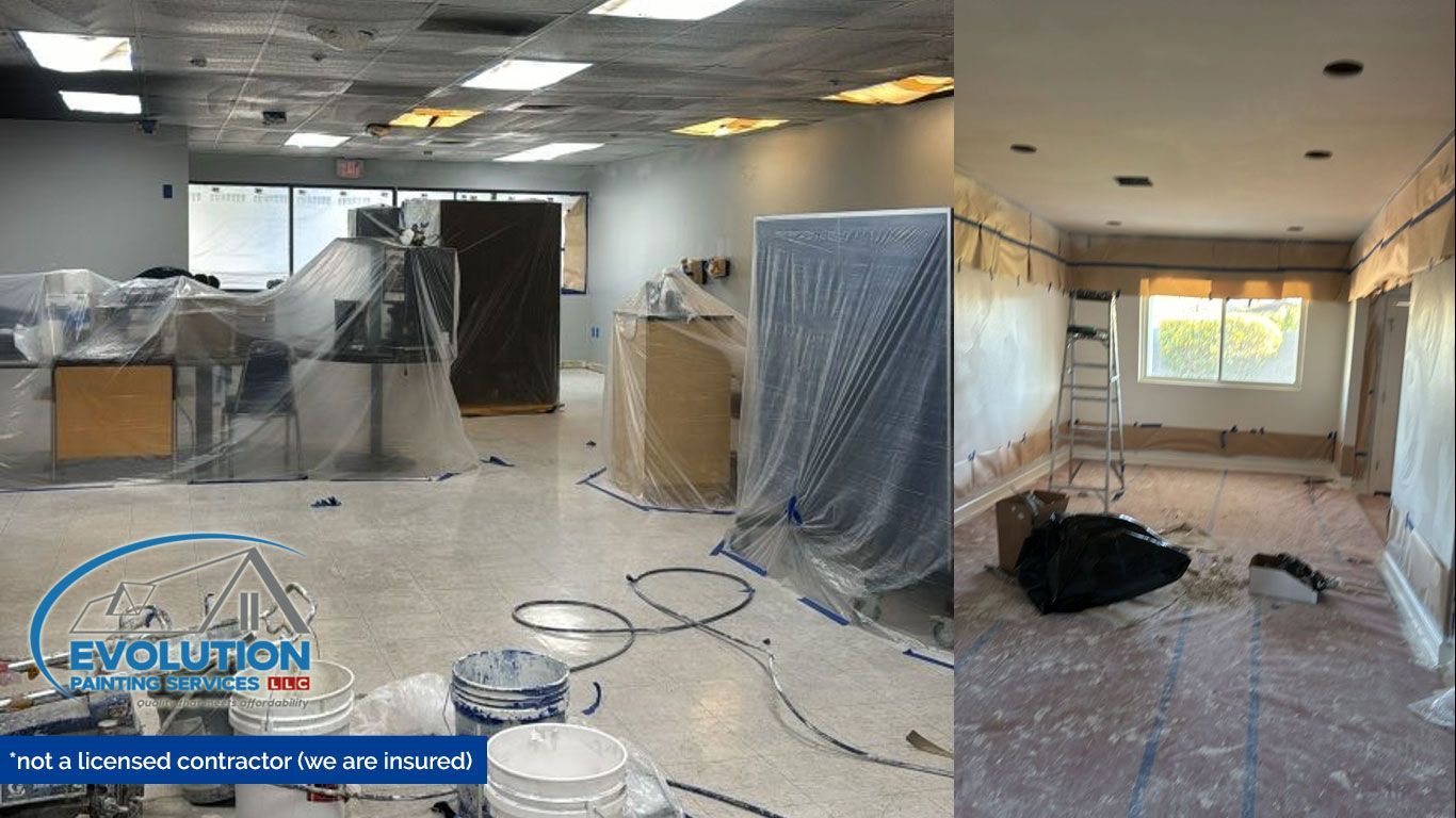 Dusty room under renovation with covered furniture, exposed ceiling, tools, and a window at right.