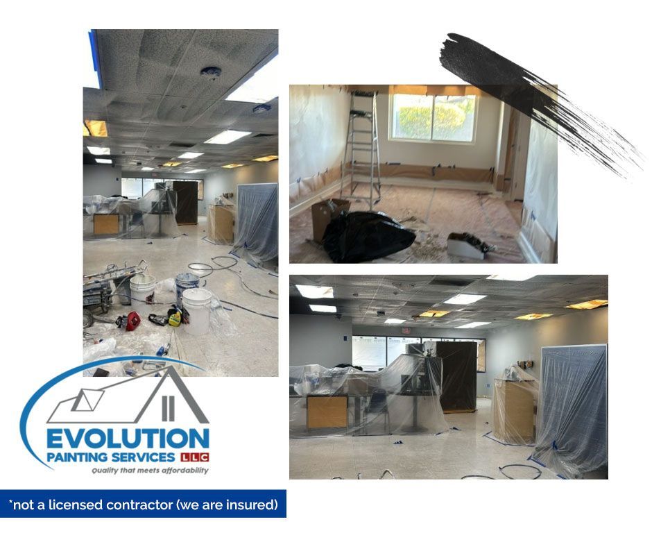 Home renovation collage with workers painting and drywall, plus Evolution Painting Services logo and text.