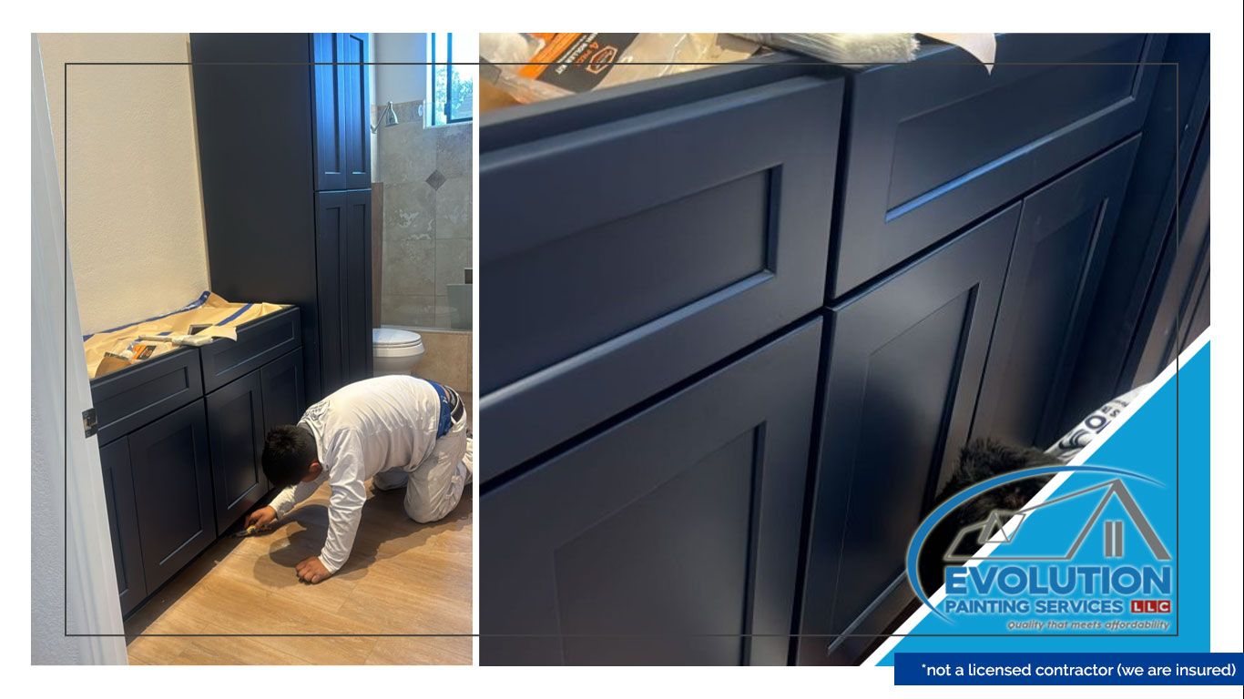 Worker installing dark navy cabinets in a kitchen; close-up of finished cabinetry and countertop.