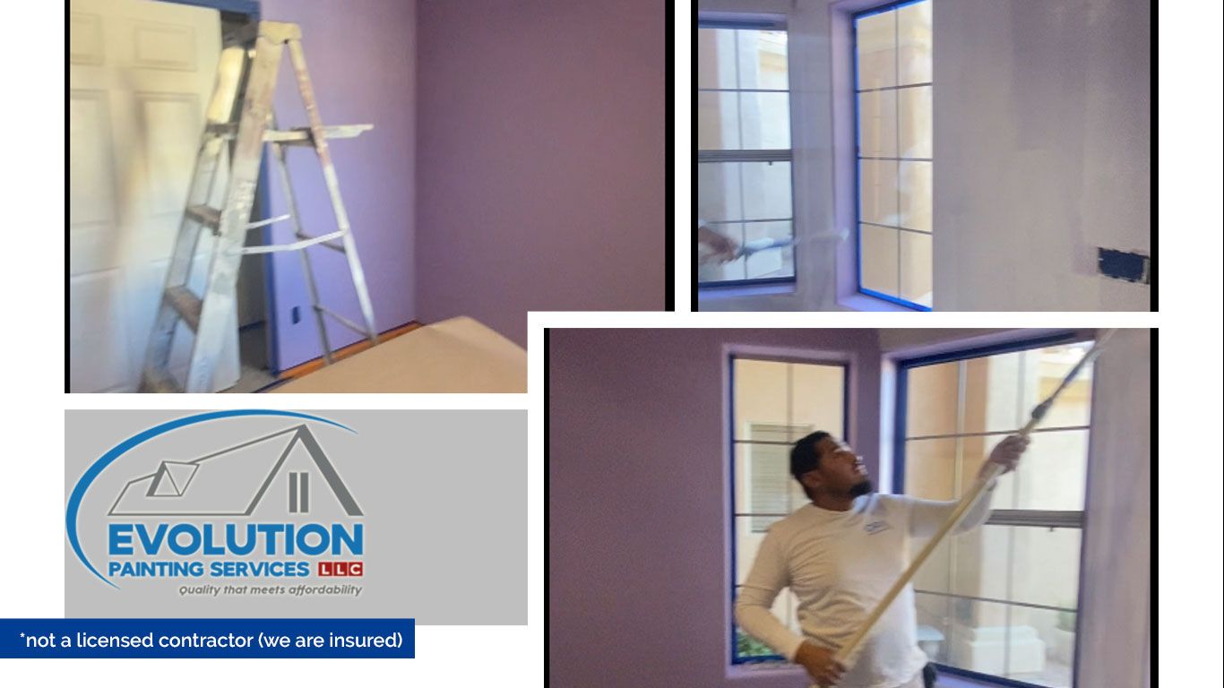 Painter using a roller on indoor walls beside a ladder; inset shows an Evolution Painting Services logo.