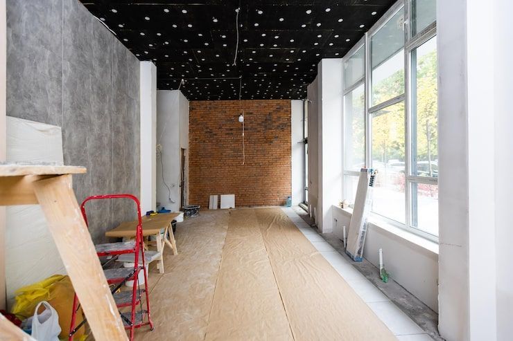 Long, narrow room under renovation with exposed ceiling, white walls, brick back wall, and large windows on one side
