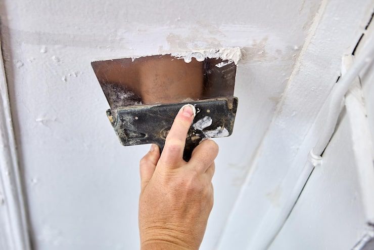 Hand holding a putty knife scraping paint from a white wall patch