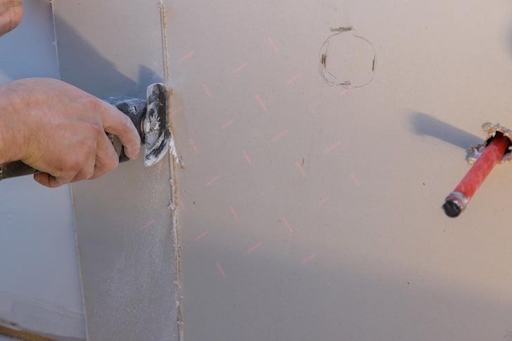Hand sanding a wall with a patch of filler, with a red tool protruding from the right side.