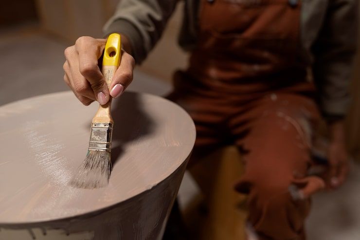 Person painting a round surface with a yellow-handled brush, wearing brown work clothes.