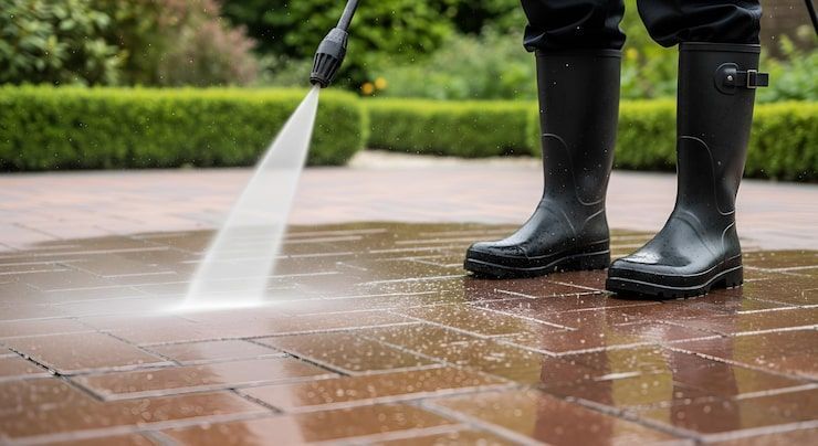 Person in black boots pressure-washing a wet brick walkway outdoors