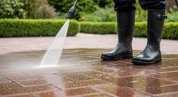 Person in black rain boots pressure-washes a wet brick patio outdoors.