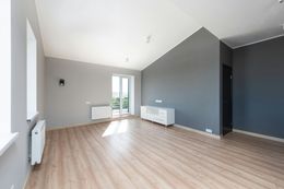 Empty modern room with gray accent wall, wood flooring, and sunlight through tall glass doors.