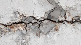 Close-up of a cracked white concrete wall with a jagged dark fissure running across it