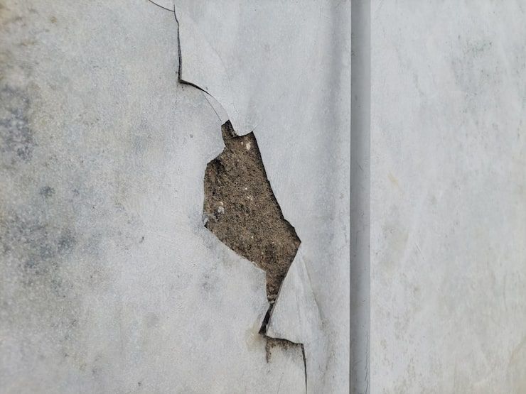 Cracked white wall with a large chipped plaster patch exposing brown underlayer