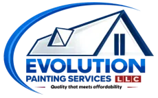 Evolution Painting Services LLC logo with blue house roof and red tagline on white background