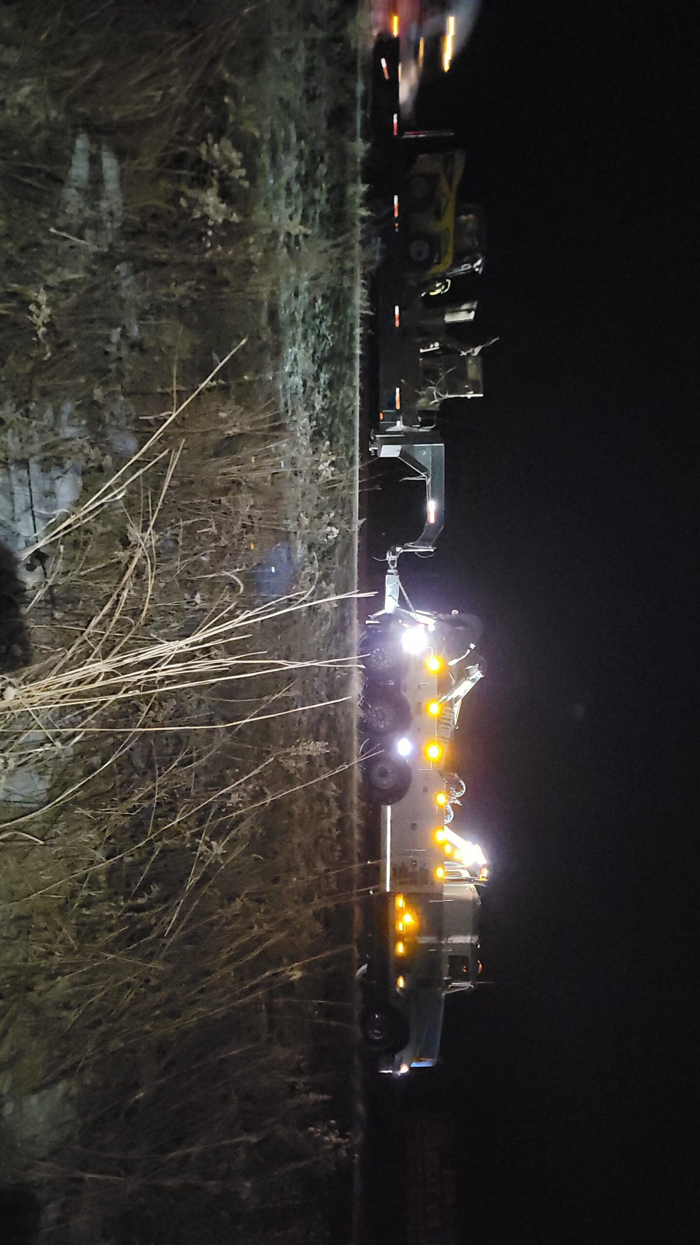 Nighttime industrial site with bright lights and trucks beyond a dark, brushy foreground
