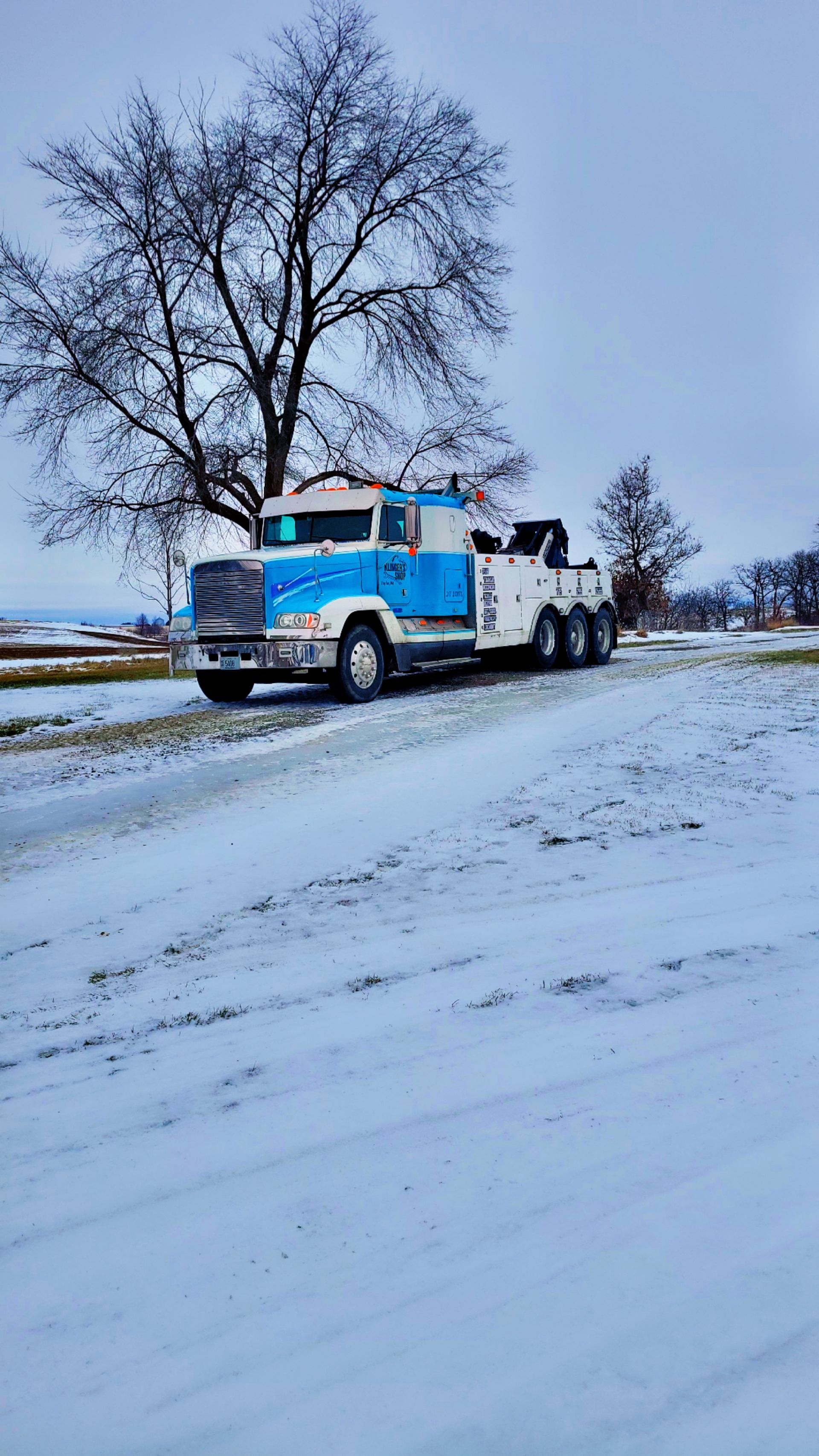 Blue tow truck on a snowy roadside beside a leafless tree under an overcast sky.