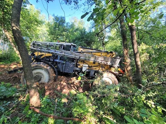 Large off-road truck stuck in a wooded area, surrounded by trees and dense brush.