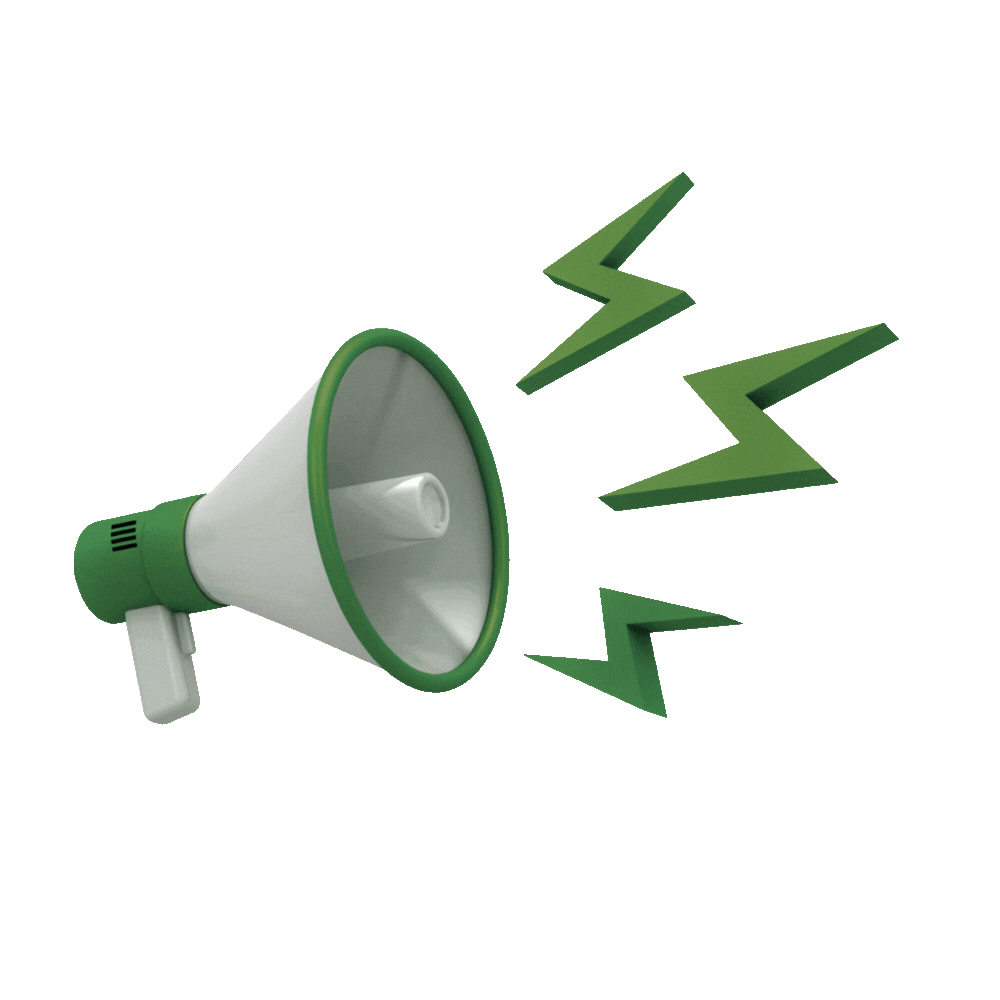 White and green megaphone with three green zigzag sound waves.