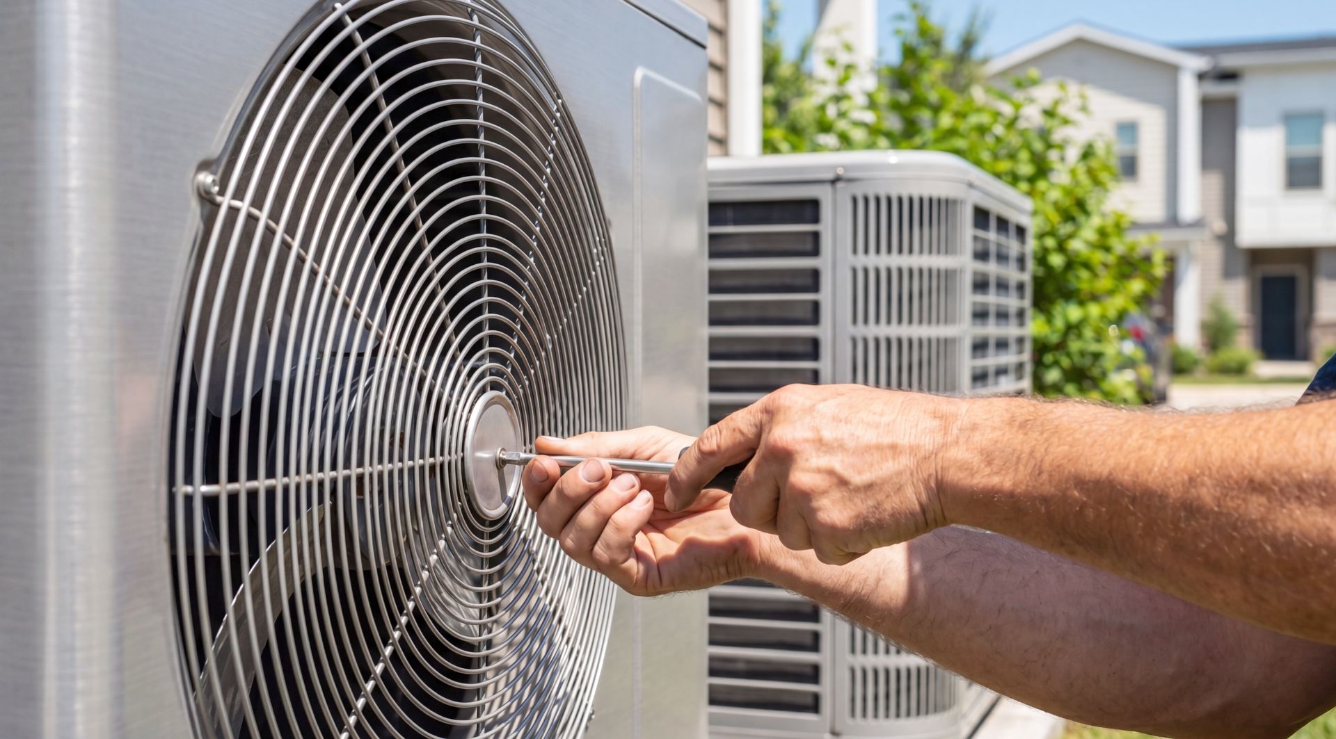 Technician tightening an outdoor air conditioner fan cover with a wrench on a sunny day Technician tightening an outdoor air conditioner fan cover with a wrench on a sunny day
