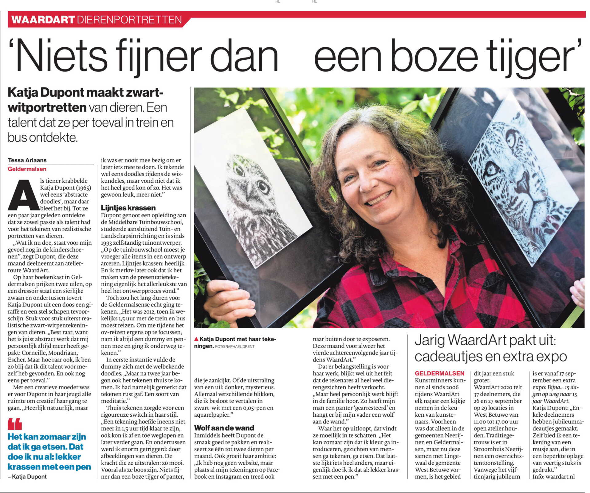 Persbericht De Gelderlander 2020, naar aanleiding van 15 jaar WaardArt. Tekenkunst Katja Dupont