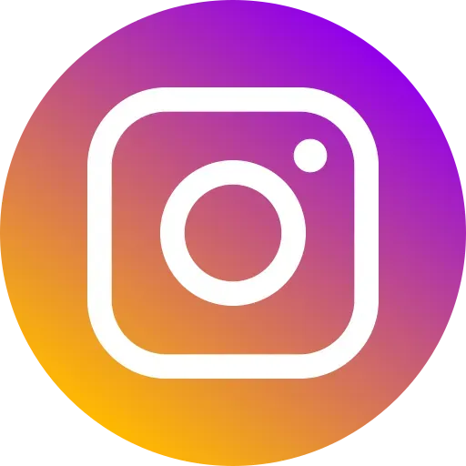 Instagram logo: white camera icon within a white outlined square, centered on a colorful gradient circle (yellow to purple).