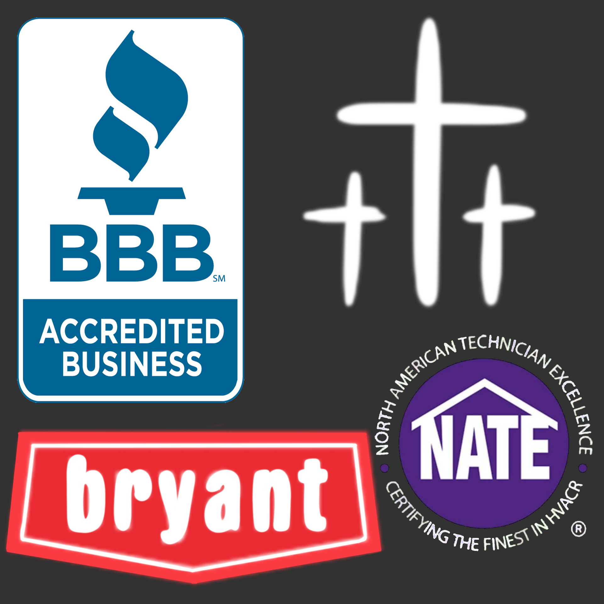 Logos for bbb accredited business bryant and nate on a black background
