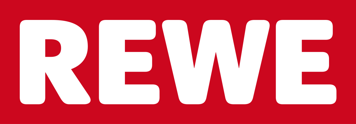 Das Wort REWE steht in weißer Schrift auf rotem Grund