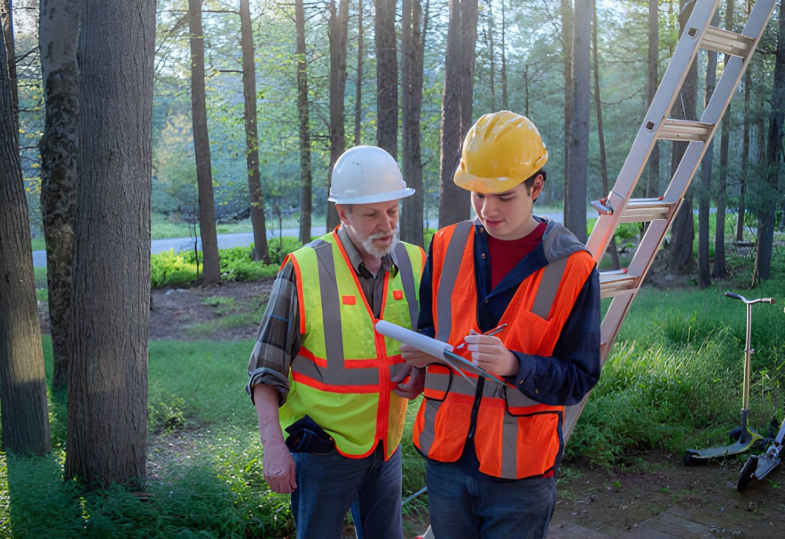 Two workers in safety vests and hard hats review plans in a wooded construction area.