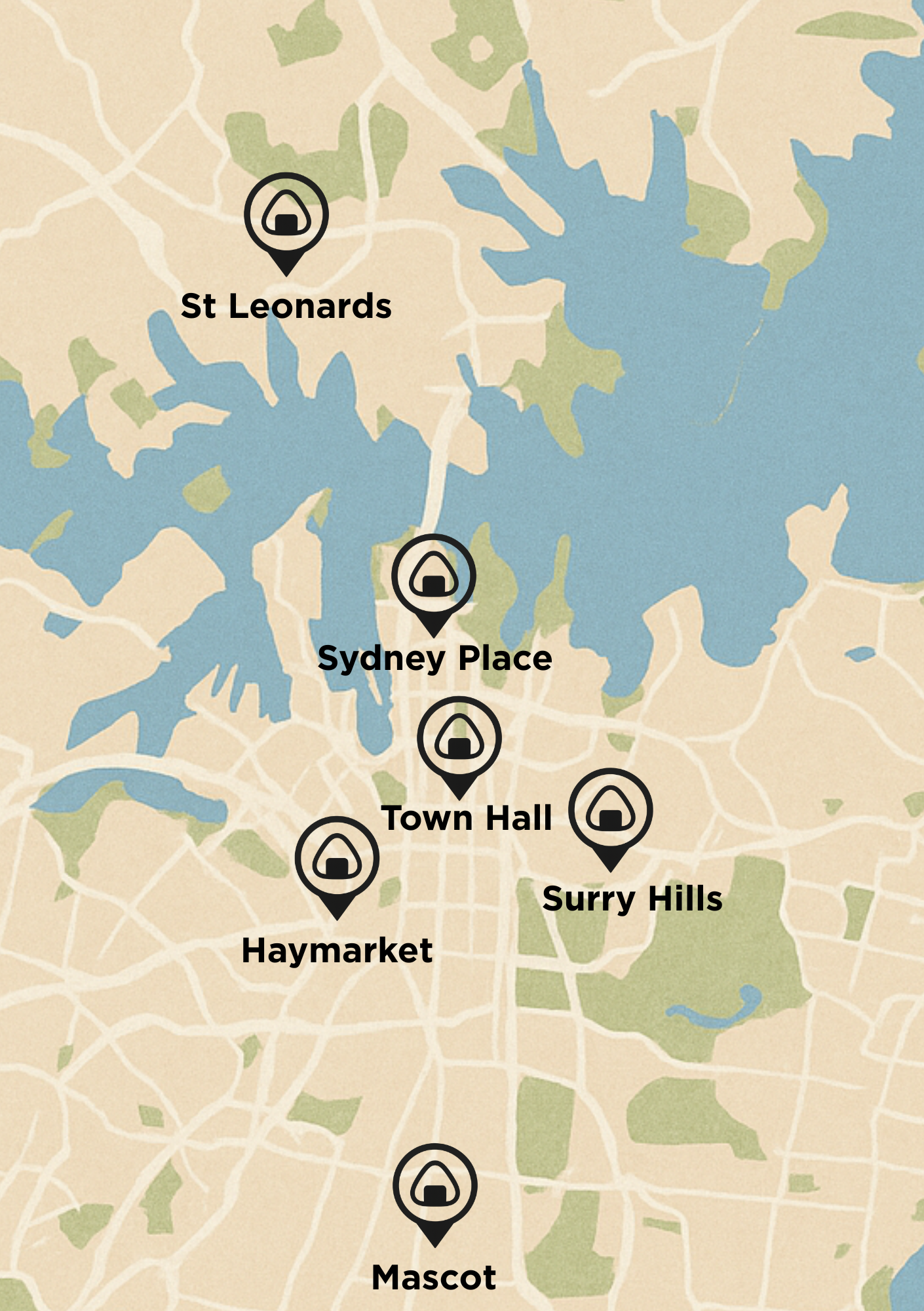 A map of sydney shows sydney place, town hall, haymarket, suury hills and mascot