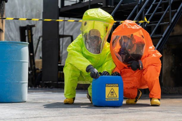 Two hazmat workers in neon suits handle a blue chemical container outdoors.