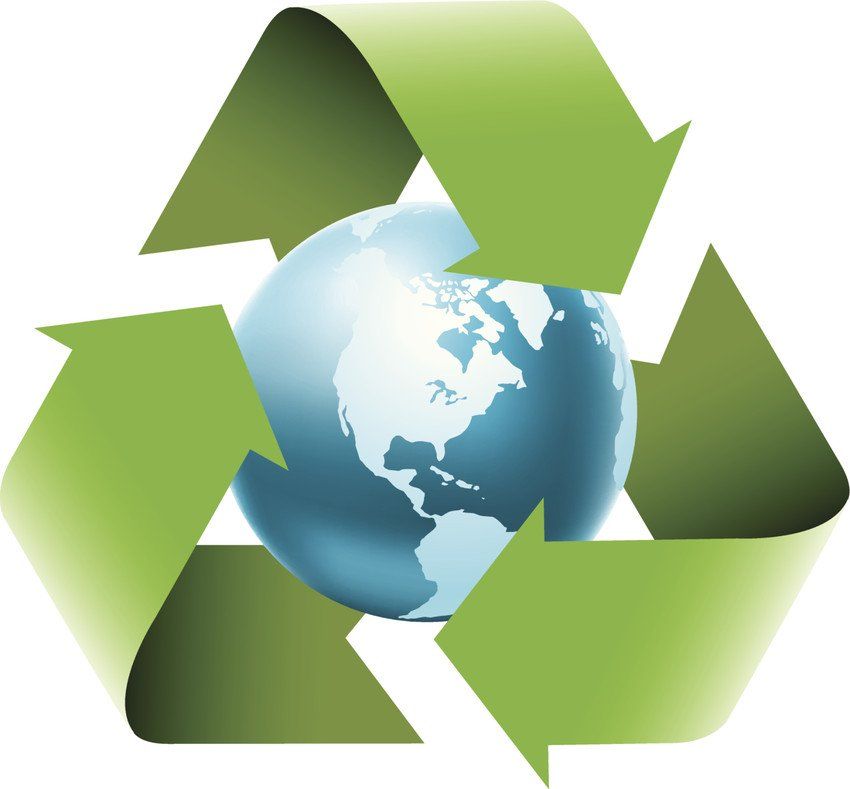 A globe graphic in the middle of a green recycling symbol graphic