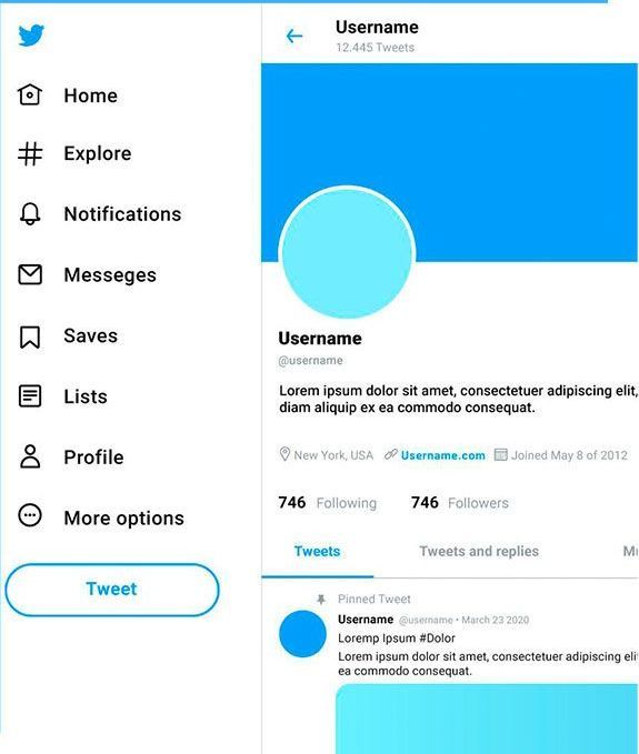 Screenshot of a Twitter profile, blue background, username, profile information, navigation menu on the left.