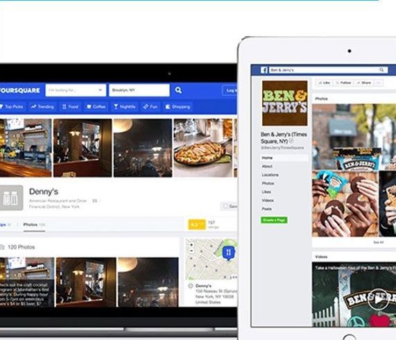 Two digital tablets displaying restaurant Facebook and Foursquare pages: Denny’s and Ben & Jerry’s.