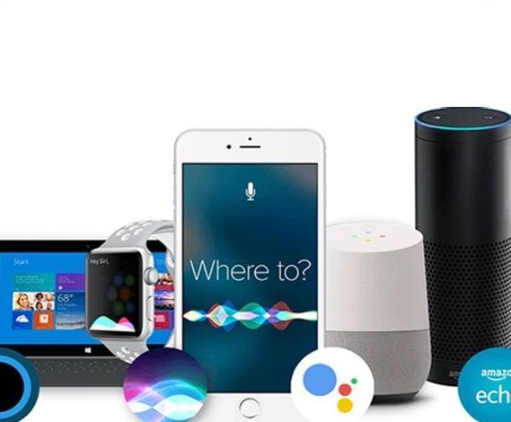 Smart devices: tablet, smartwatch, phone with voice assistant, Google Home, and Amazon Echo.