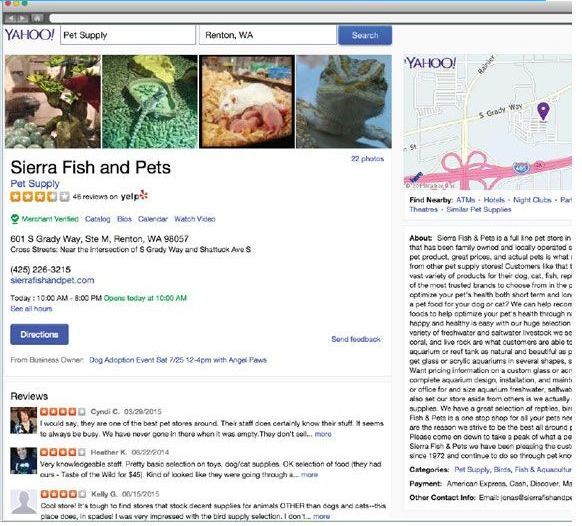 Yahoo! search results for Sierra Fish and Pets in Renton, WA, including store photos, address, reviews, and map.