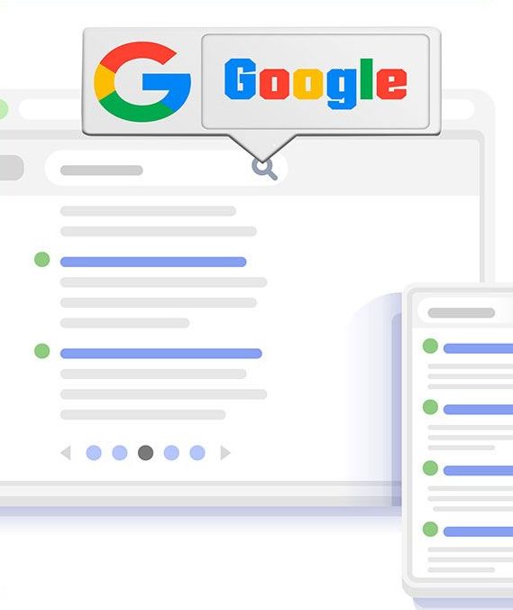Google logo over a website on a laptop and mobile screen with search results displayed.