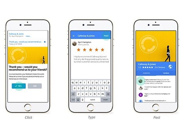 Three mockups of a mobile app showing the process of giving a review.