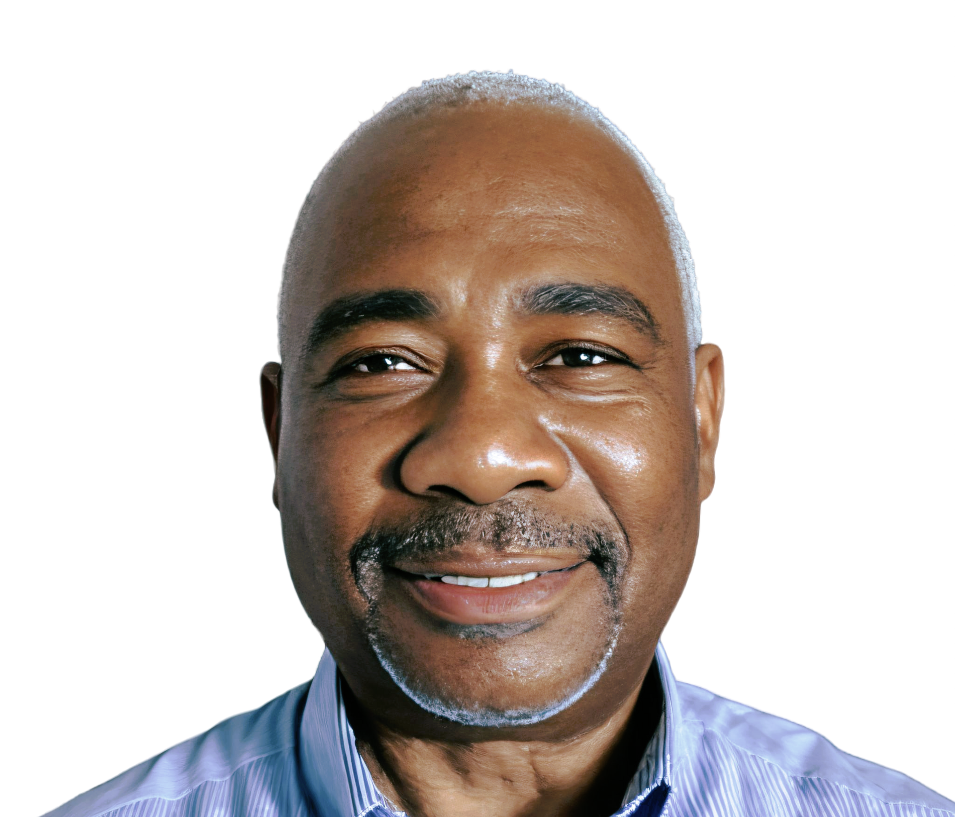Smiling Black man with graying hair, wearing a blue shirt, against a white background.