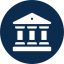 A white building icon with columns inside a dark blue circle.