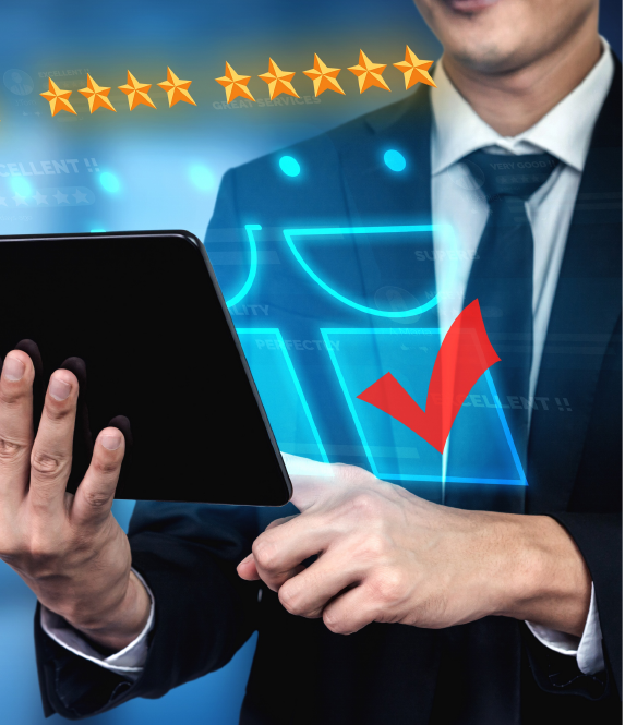 Man in suit holding tablet with digital positive review indicators and five stars.