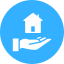 Hand holding a house, blue circle.