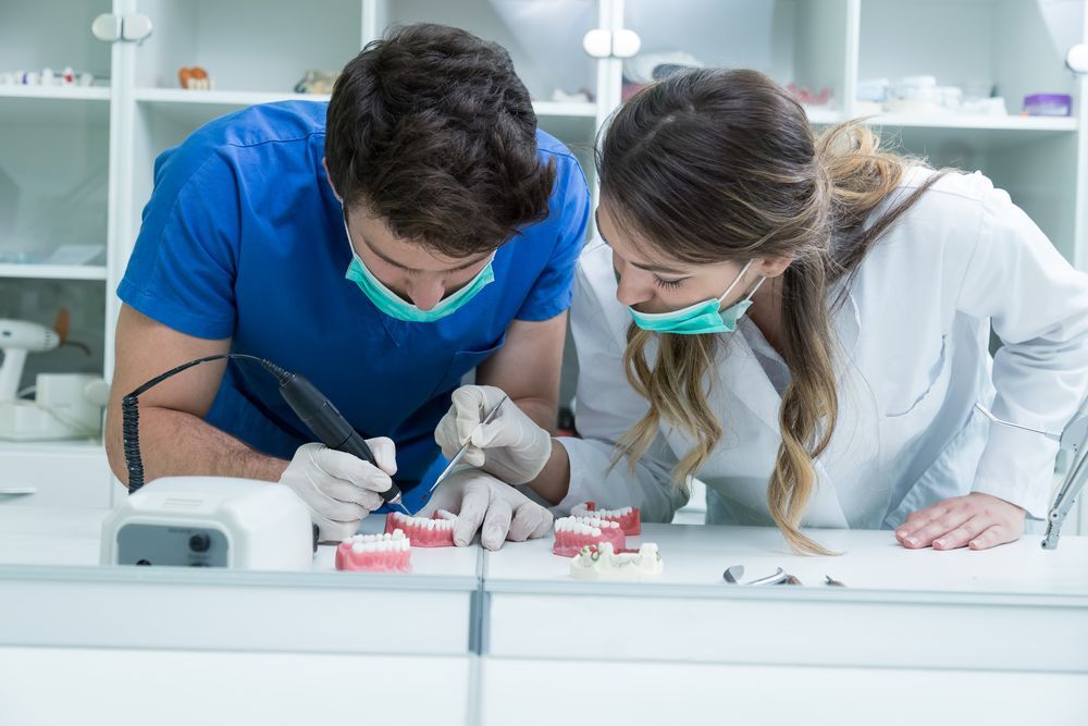 A Man And A Woman Are Working On A Model Of Teeth In A Dental Office — Dentures Direct Taree-Rod Hinton In Wauchope, NSW