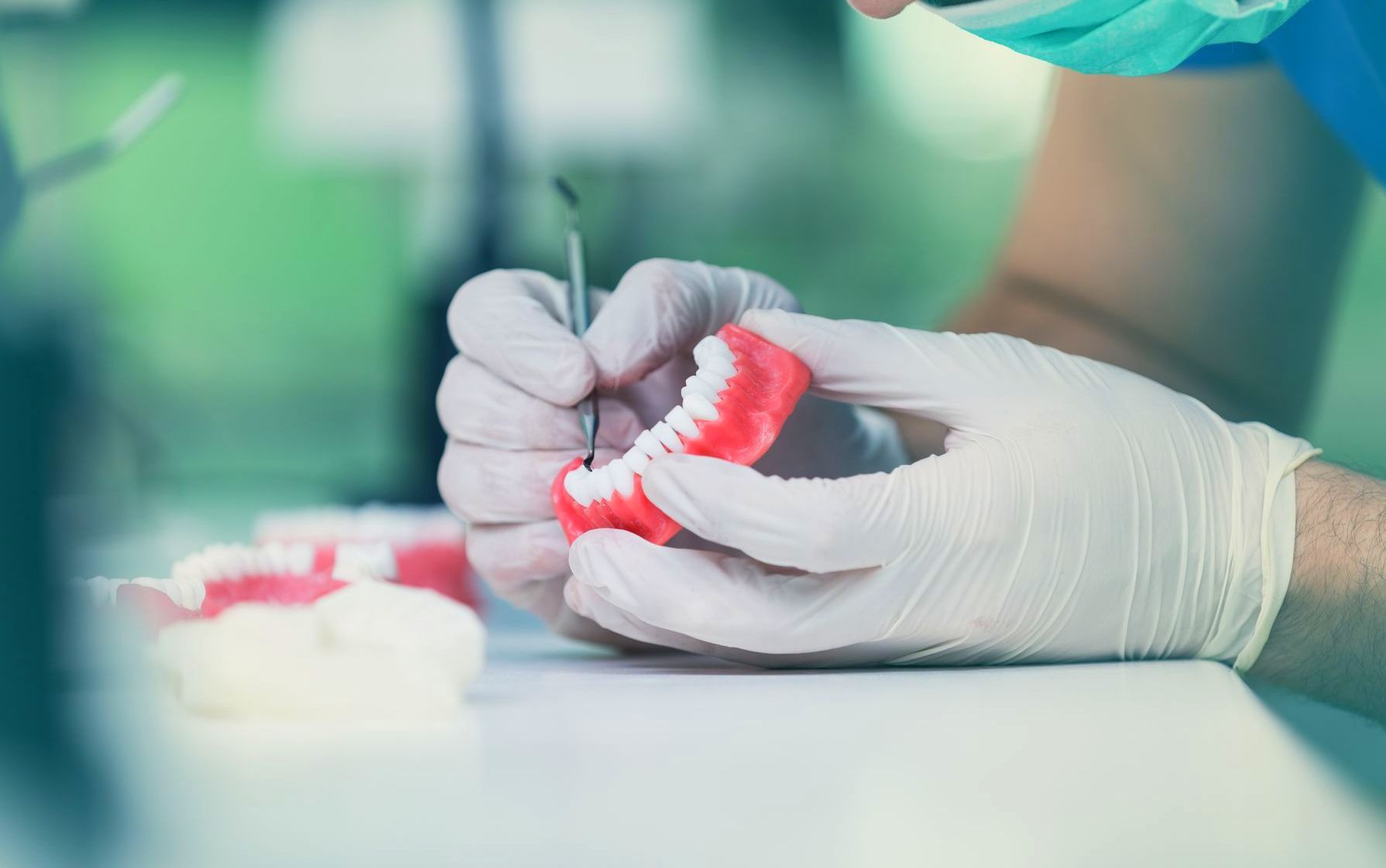 A dentist is working on a model of a person's teeth. — Dentures Direct Taree-Rod Hinton In Taree, NSW