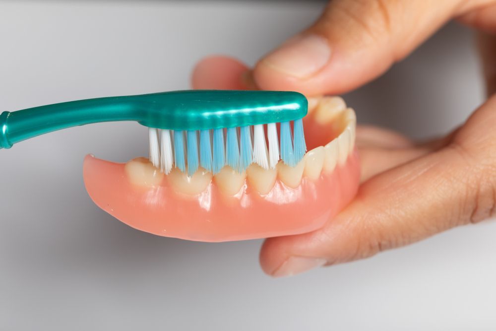 A Person Is Brushing A Denture With A Toothbrush — Dentures Direct Taree-Rod Hinton In Taree, NSW