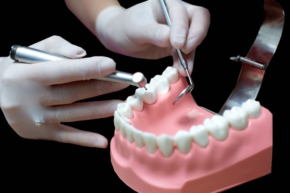 A Dentist Is Examining A Model Of Teeth With A Drill — Dentures Direct Taree-Rod Hinton In Taree, NSW