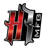 A red , black and silver logo for a company called mfg.