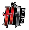A red , black and silver logo for a company called mfg.