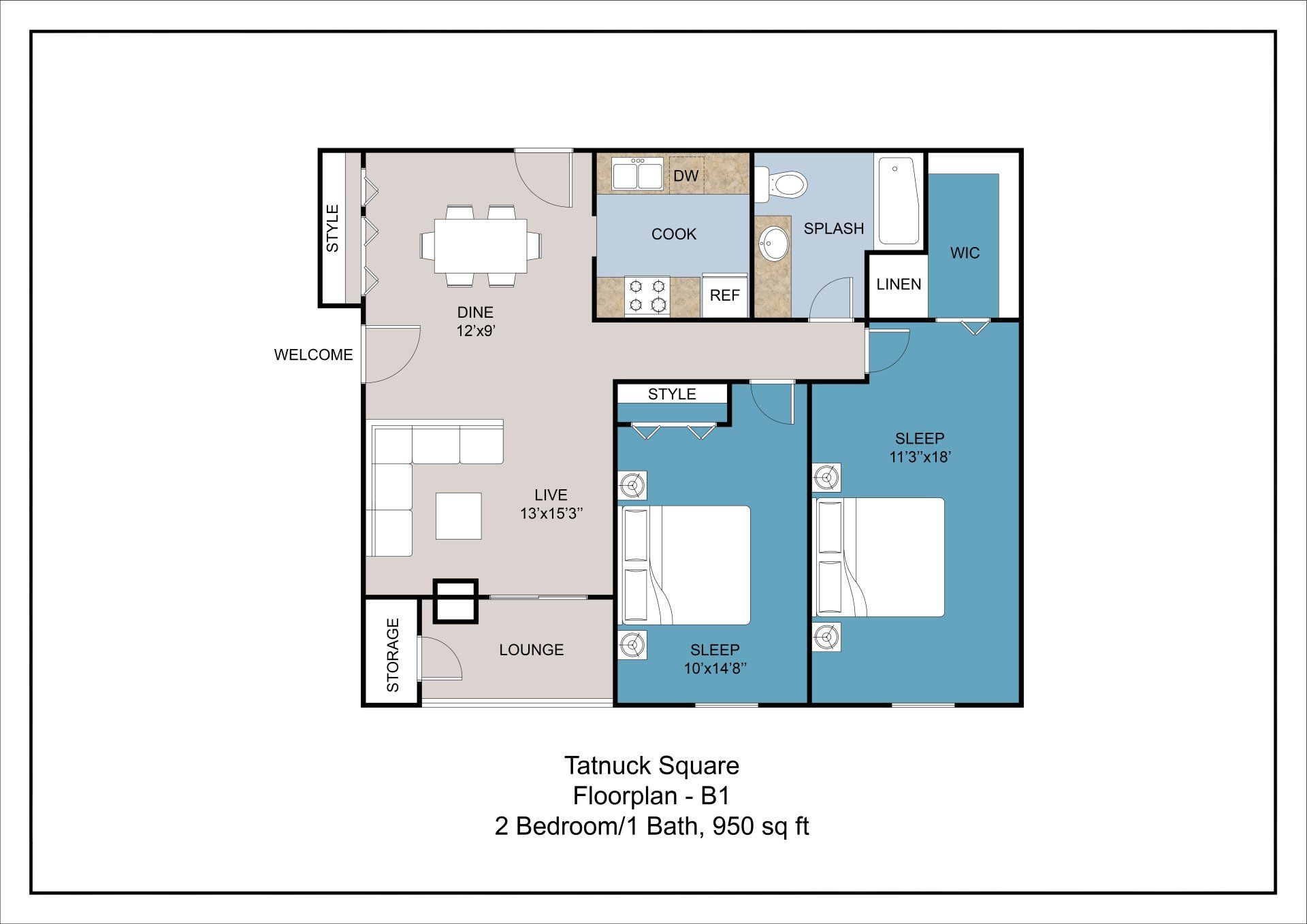 Floor plan B1 - 2 bedroom, 1 bathroom, 950 square feet
