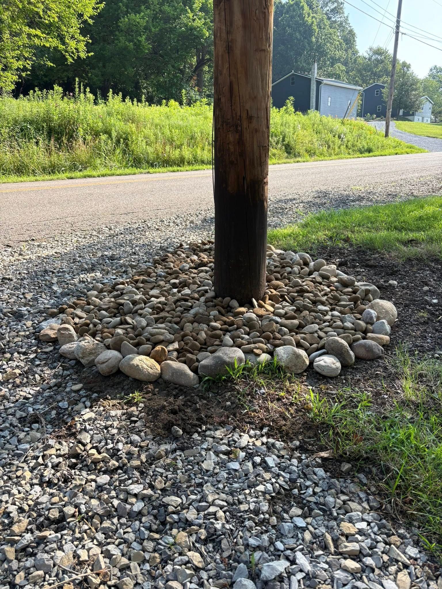 Tree trunk surrounded by rocks along a gravel road beside green grass and trees