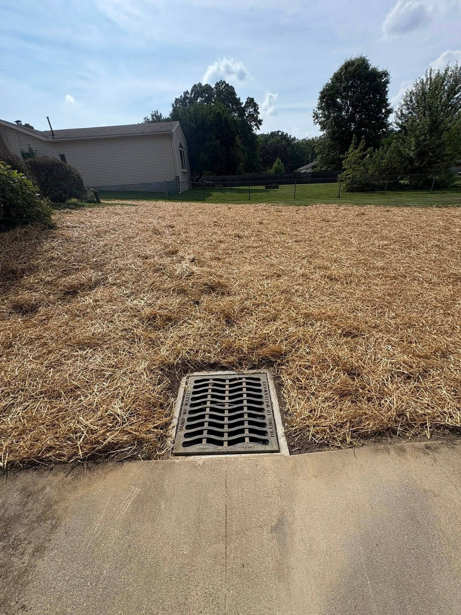 Gravel-covered lot with a storm drain grate in the foreground and trees and a fence in the background