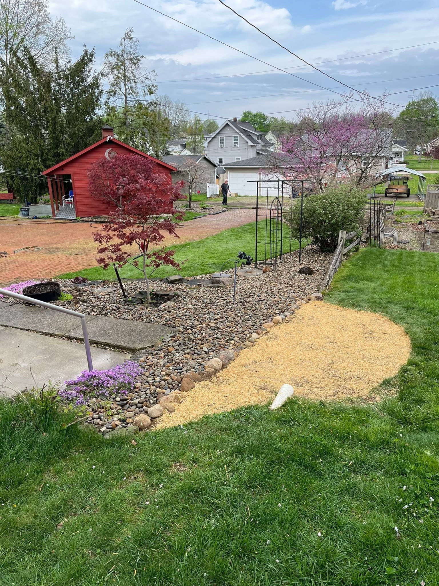 Backyard garden with a red shed, gravel path, flowering trees, and raised beds on a cloudy day