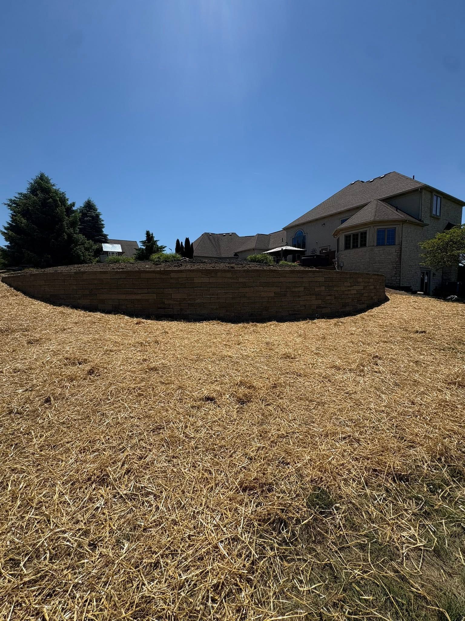 Backyard with wood chip ground cover, stone retaining wall, and a suburban house under a clear blue sky