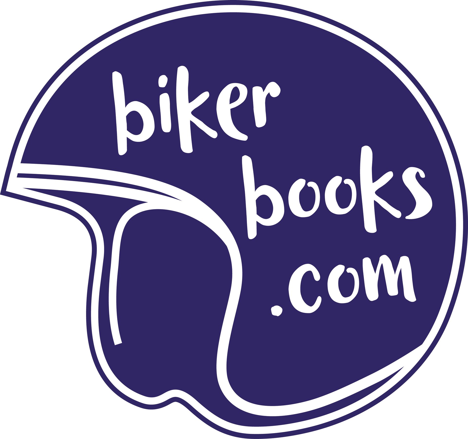 Purple bikerbooks.com logo in a white helmet-shaped icon with hand-drawn text